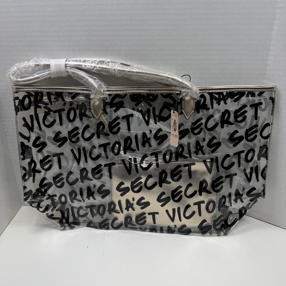 Victorias Secret Tote Bag Womens Large Clear PVC Logo Beach Travel Gold Pouch